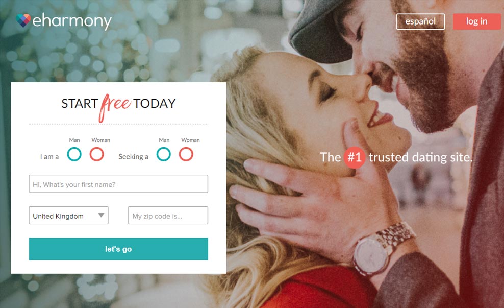 Screenshot of eHarmony homepage for international dating site review