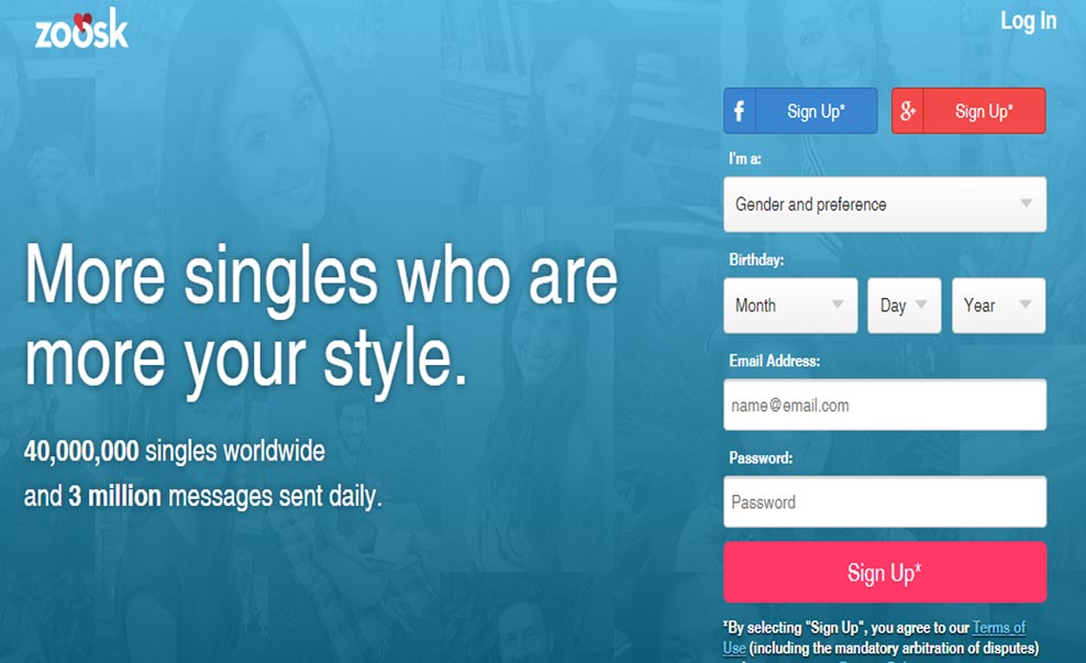 Zoosk homepage and sign up image for international dating site review