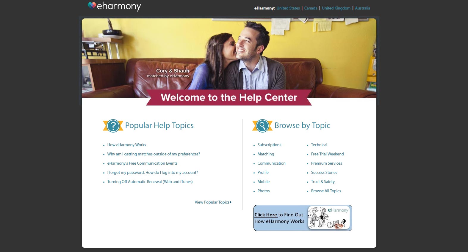 eHarmony help page image for international dating site review
