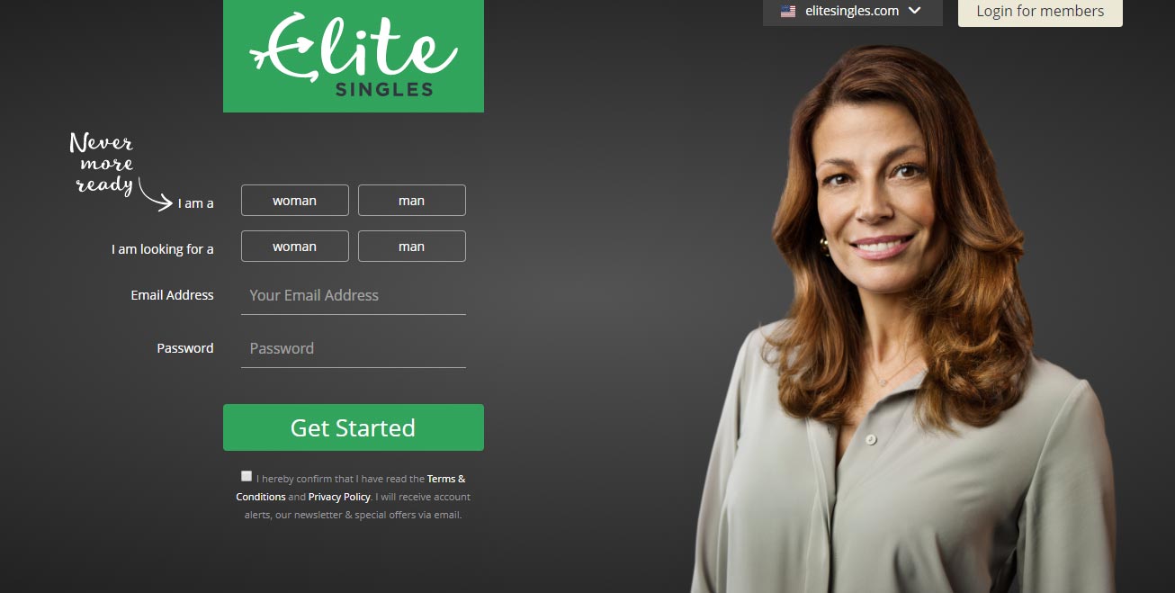 Elite Singles home page shot for international dating site review 