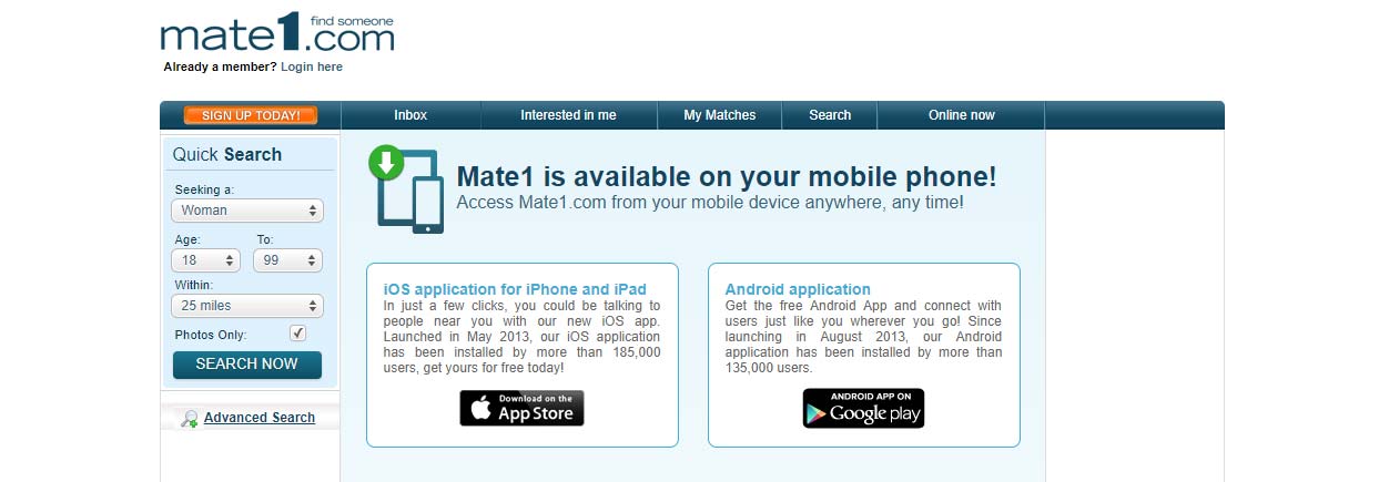 Mate1 home page image for international dating site review