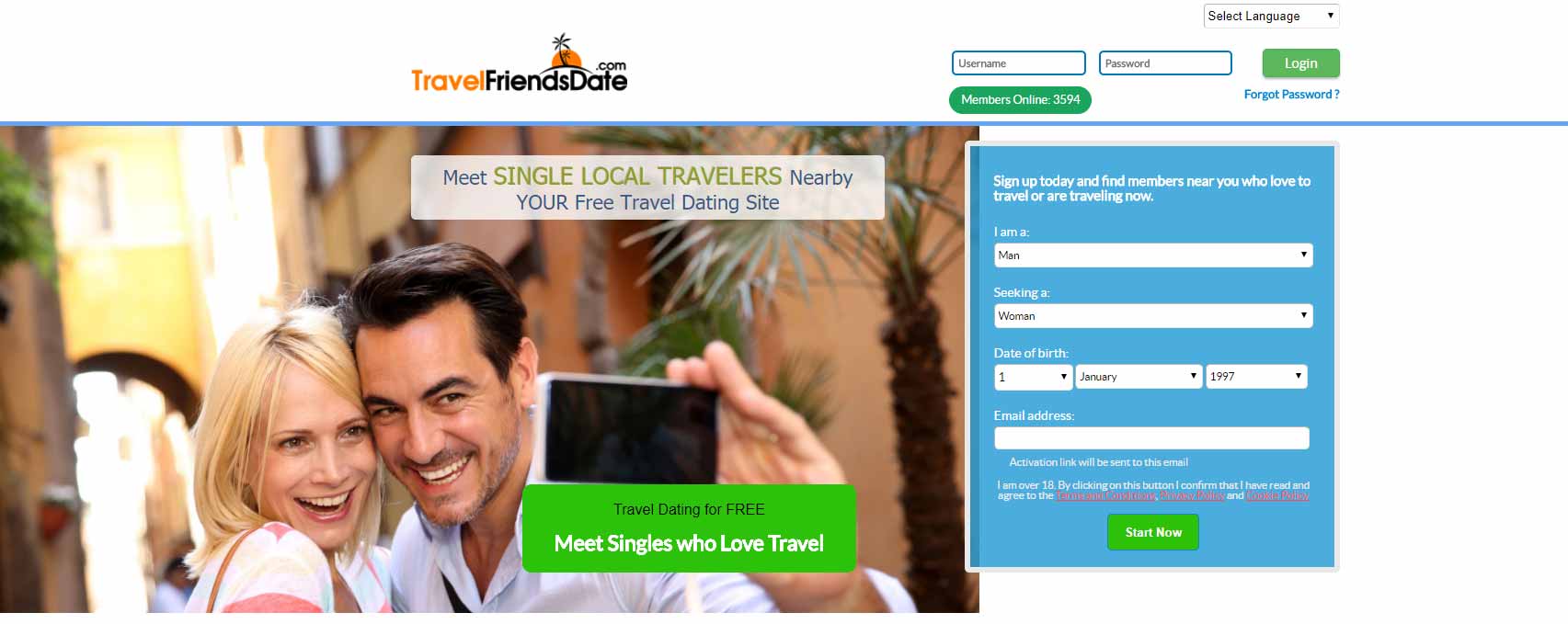 Travel Friends Date home page image for international travel and dating site review